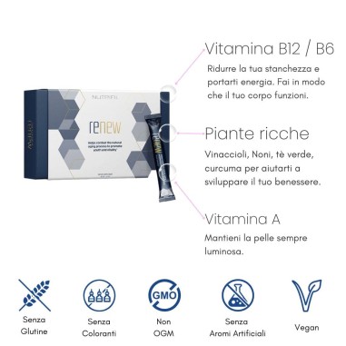 Integratore Renew Nutrifii con vitamine B12 e B6, piante ricche e vitamina A per energia, pelle luminosa e benessere generale.