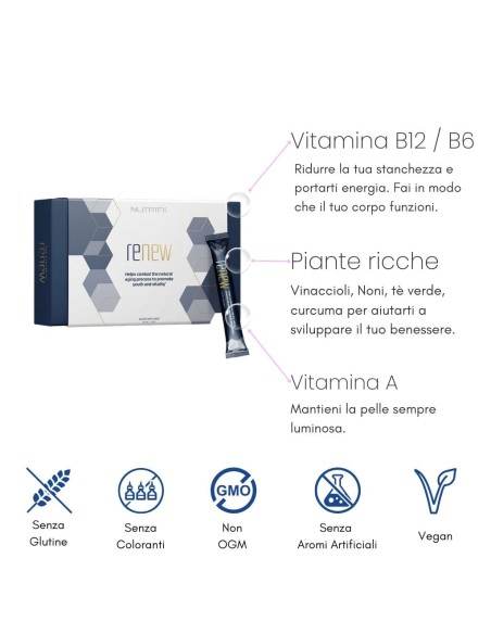 Integratore Renew Nutrifii con vitamine B12 e B6, piante ricche e vitamina A per energia, pelle luminosa e benessere generale.